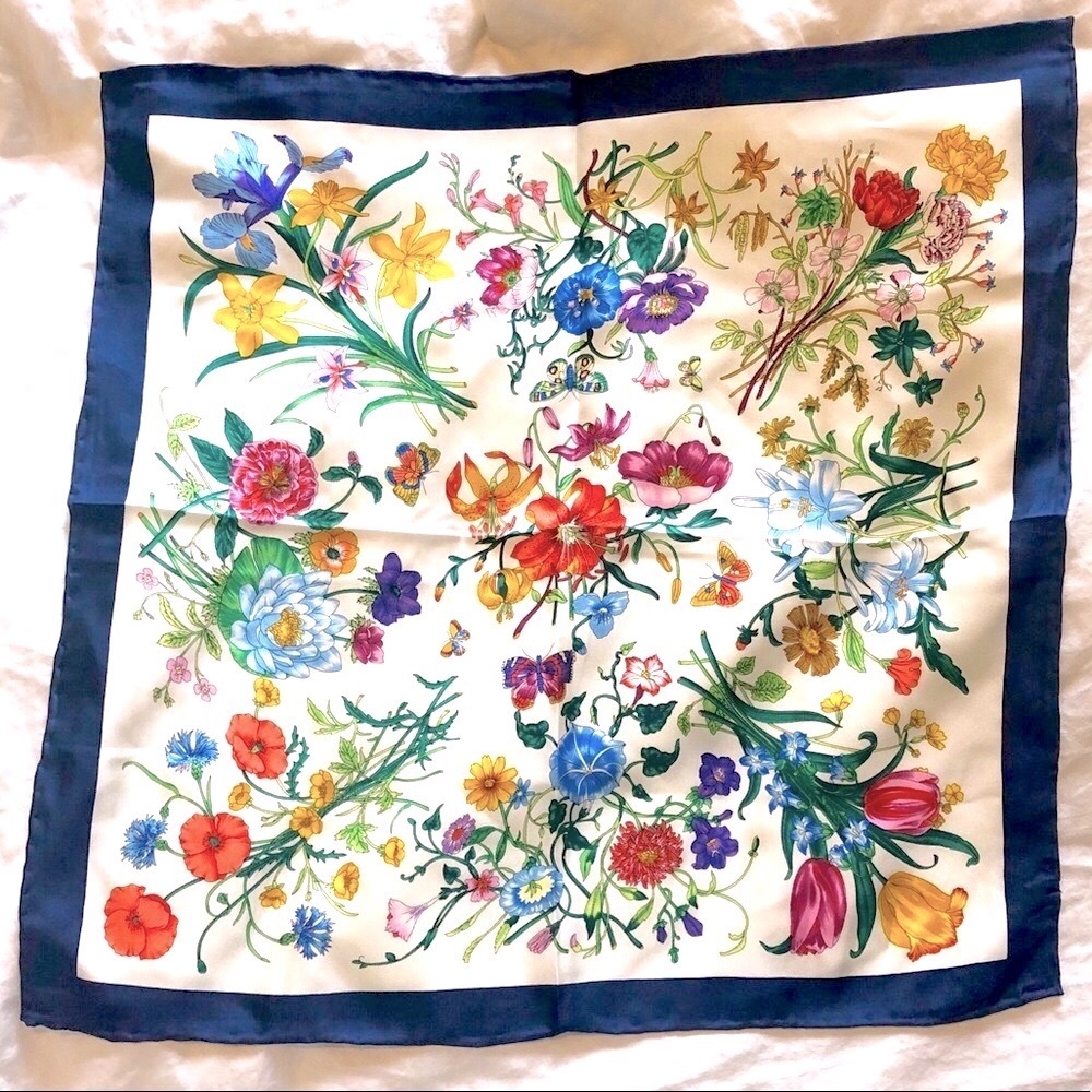 100% Silk Floral Square Scarf 20 Inch Navy Border Multicolor Botanical Print
